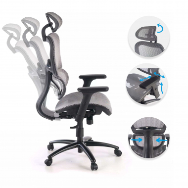 chaise ergonomique gris structure noire maille accoudoirs reglables 3d double soutien lombaire appui tete 3