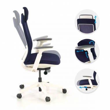 chaise ergonomique blanc bleu structure blanche tissu accoudoirs reglables 3d 3