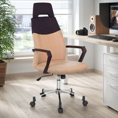 chaise de bureau marron dosseret haut tissu accoudoirs fixes appui tete 2
