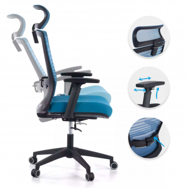 chaise de bureau bleu tesla maille accoudoirs reglables 3d soutien lombaire appui tete 3