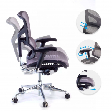 chaise ergonomique gris next2 sans appui tete maille accoudoirs reglables 4d double soutien lombaire 3