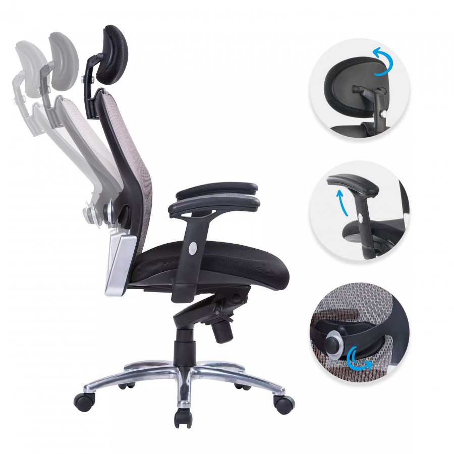 Chaise de bureau ergonomique Hong Kong, accoudoirs réglables, appui-tête
