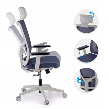 chaise de bureau blanc gris structure blanche appui tete maille accoudoirs reglables 1d soutien lombaire appui tete 3