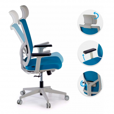chaise de bureau blanc bleu structure blanche appui tete maille accoudoirs reglables 1d soutien lombaire appui tete 3