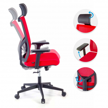 chaise de bureau rouge structure noire maille accoudoirs reglables 1d soutien lombaire appui tete 3