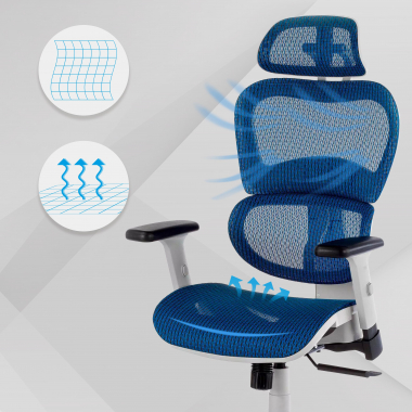 chaise ergonomique blanc bleu structure blanche maille accoudoirs reglables 3d double soutien lombaire appui tete 4