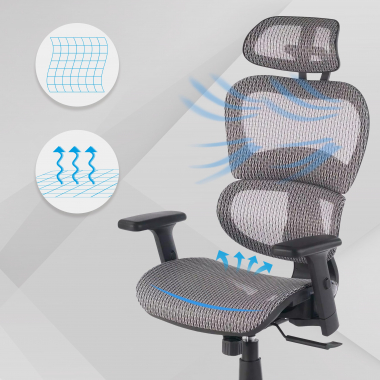chaise ergonomique gris structure noire maille accoudoirs reglables 3d double soutien lombaire appui tete 4