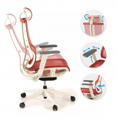 chaise ergonomique blanc rouge structure blanche maille accoudoirs reglables 3d double soutien lombaire appui tete 3