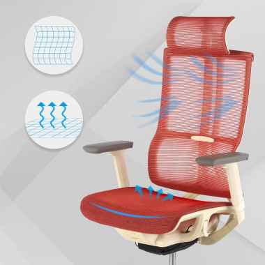 chaise ergonomique blanc rouge structure blanche maille accoudoirs reglables 3d double soutien lombaire appui tete 4