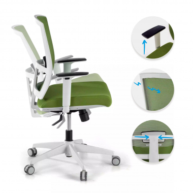 chaise ergonomique blanc vert structure blanche maille accoudoirs reglables 1d soutien lombaire 3