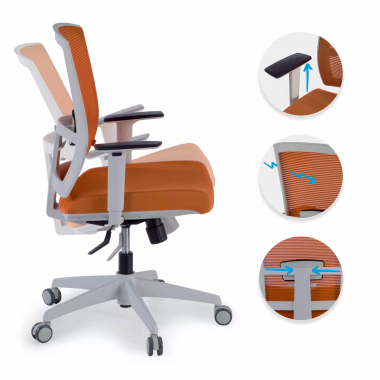 chaise ergonomique blanc orange structure blanche maille accoudoirs reglables 1d soutien lombaire 3