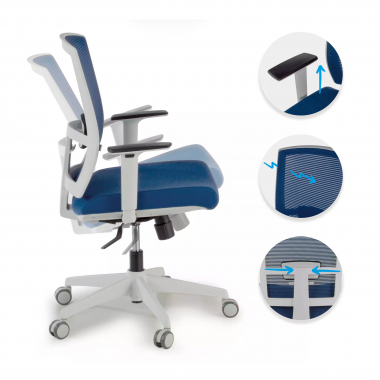 chaise ergonomique blanc bleu structure blanche maille accoudoirs reglables 1d soutien lombaire 3