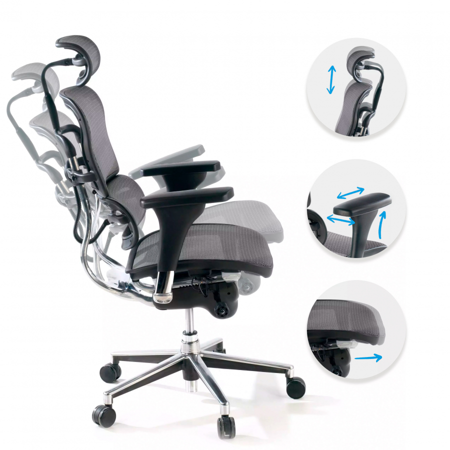 Chaise de bureau Ergohuman avec appui-tête, aluminium, maille