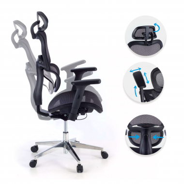 chaise ergonomique noir structure noire base chromee maille accoudoirs reglables 3d double soutien lombaire appui tete 3