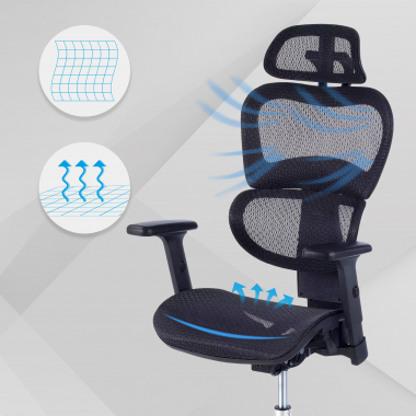 chaise ergonomique noir structure noire base chromee maille accoudoirs reglables 3d double soutien lombaire appui tete 4