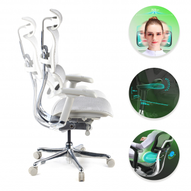 chaise ergonomique blanc gris structure blanche rouge maille accoudoirs reglables 5d appui tete 3