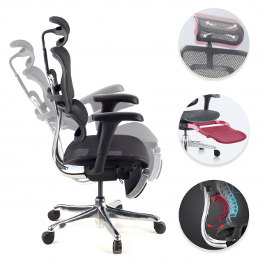 chaise ergonomique noir structure noire repose pieds maille accoudoirs mobiles appui tete repose pieds extensible 3
