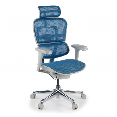 chaise ergonomique blanc bleu structure blanche rouge maille accoudoirs mobiles appui tete 1