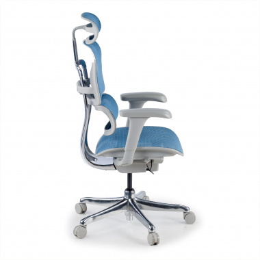 chaise ergonomique blanc bleu structure blanche rouge maille accoudoirs mobiles appui tete 6