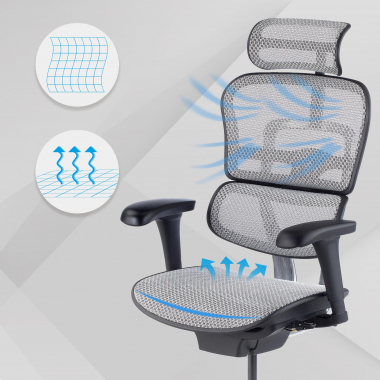 chaise ergonomique gris structure noire rouge maille accoudoirs mobiles appui tete 4