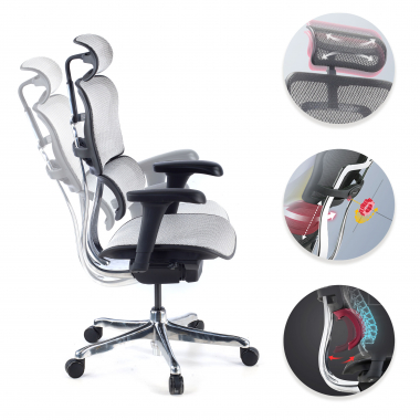 chaise ergonomique gris structure noire rouge maille accoudoirs mobiles appui tete 3