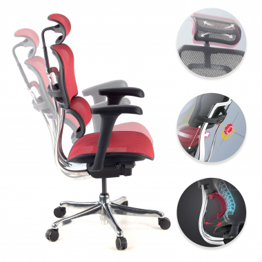 chaise ergonomique rouge structure noire rouge maille accoudoirs mobiles appui tete 3