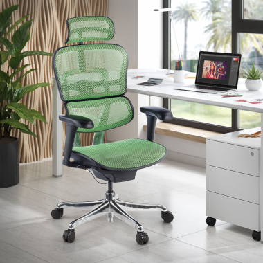 chaise ergonomique vert structure noire rouge maille accoudoirs mobiles appui tete 2