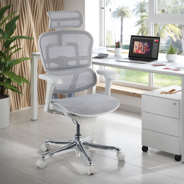 chaise ergonomique blanc gris structure blanche rouge maille accoudoirs mobiles appui tete 2