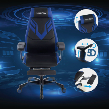 chaise gaming bleu genidia cuir authentique accoudoirs reglables 5d soutien lombaire repose pieds extensible 3