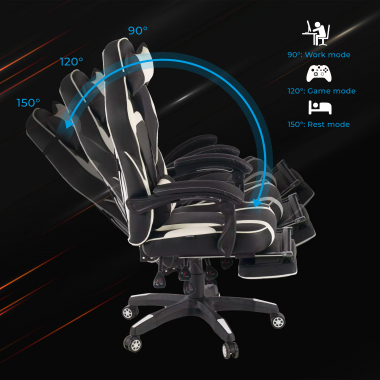 chaise gaming blanc logan simil cuir accoudoirs mobiles coussin lombaire et cervical appui tete repose pieds extensible 4