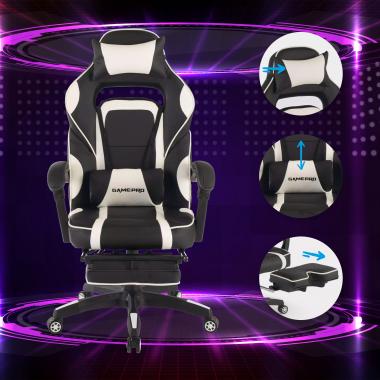 chaise gaming blanc logan simil cuir accoudoirs mobiles coussin lombaire et cervical appui tete repose pieds extensible 3