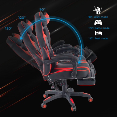 chaise gaming rouge logan simil cuir accoudoirs mobiles coussin lombaire et cervical appui tete repose pieds extensible 4