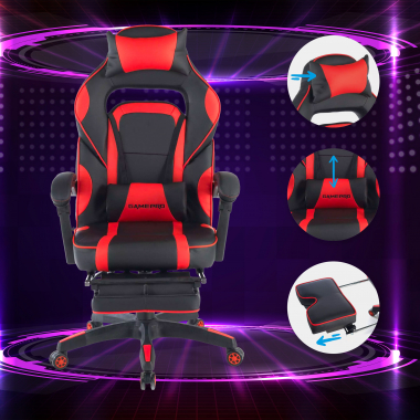 chaise gaming rouge logan simil cuir accoudoirs mobiles coussin lombaire et cervical appui tete repose pieds extensible 3