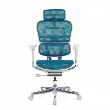 chaise ergonomique blanc bleu structure blanche rouge maille accoudoirs reglables 5d appui tete 3
