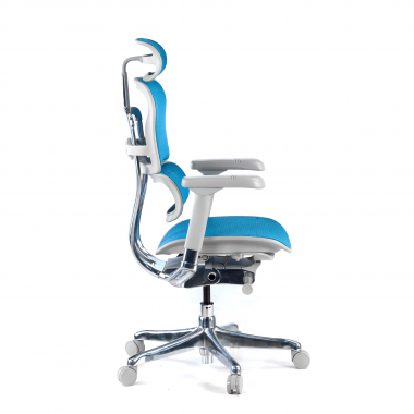 chaise ergonomique blanc bleu structure blanche rouge maille accoudoirs reglables 5d appui tete 4