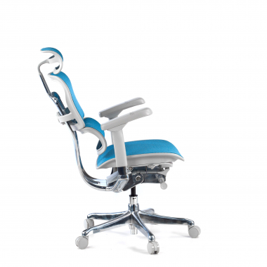 chaise ergonomique blanc bleu structure blanche rouge maille accoudoirs reglables 5d appui tete 5