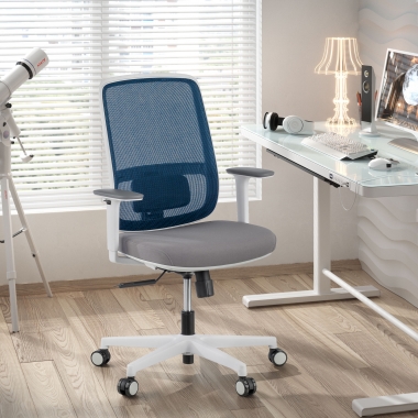 chaise de bureau blanc bleu structure blanche maille accoudoirs reglables 1d soutien lombaire 2