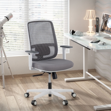chaise de bureau blanc gris structure blanche maille accoudoirs reglables 1d soutien lombaire 2