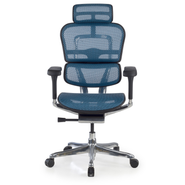 chaise ergonomique bleu structure noire rouge maille accoudoirs reglables 5d appui tete 3