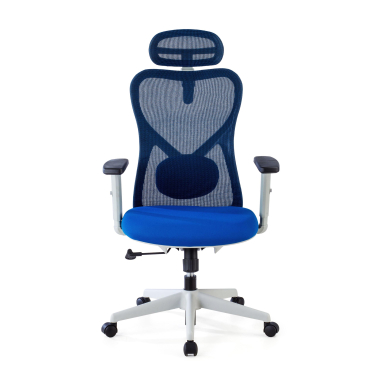 chaise de bureau blanc bleu structure blanche maille accoudoirs reglables 1d soutien lombaire appui tete 3