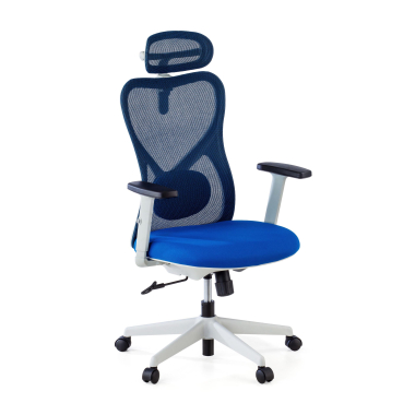 chaise de bureau blanc bleu structure blanche maille accoudoirs reglables 1d soutien lombaire appui tete 1