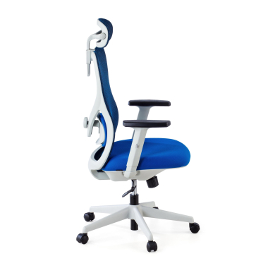 chaise de bureau blanc bleu structure blanche maille accoudoirs reglables 1d soutien lombaire appui tete 7