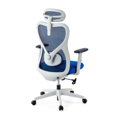 chaise de bureau blanc bleu structure blanche maille accoudoirs reglables 1d soutien lombaire appui tete 8