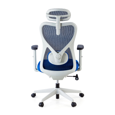 chaise de bureau blanc bleu structure blanche maille accoudoirs reglables 1d soutien lombaire appui tete 4
