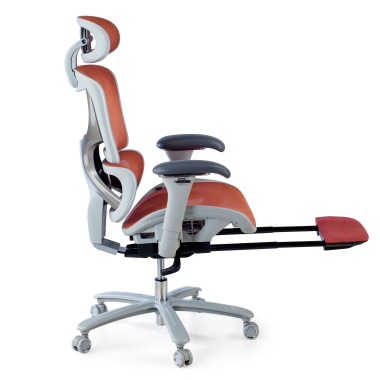 chaise ergonomique blanc rouge structure blanche maille accoudoirs reglables 3d appui tete repose pieds extensible 5