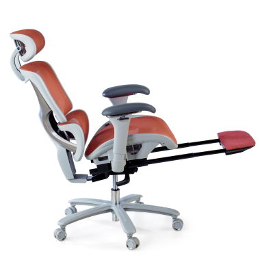 chaise ergonomique blanc rouge structure blanche maille accoudoirs reglables 3d appui tete repose pieds extensible 6