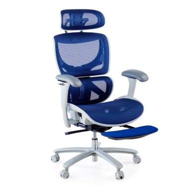 chaise ergonomique blanc bleu structure blanche maille accoudoirs reglables 3d appui tete repose pieds extensible 4