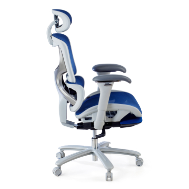 chaise ergonomique blanc bleu structure blanche maille accoudoirs reglables 3d appui tete repose pieds extensible 6
