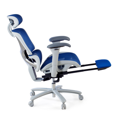 chaise ergonomique blanc bleu structure blanche maille accoudoirs reglables 3d appui tete repose pieds extensible 3