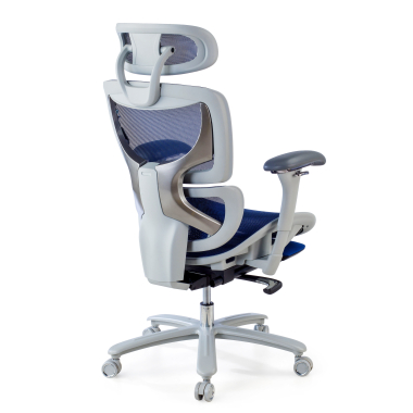 chaise ergonomique blanc bleu structure blanche maille accoudoirs reglables 3d appui tete repose pieds extensible 7